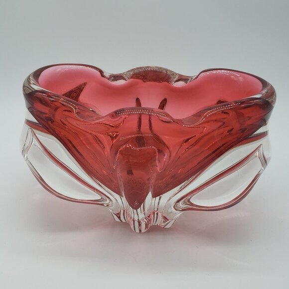 Josef Hospodka Vntg 1960s Bohemian Cranberry Pink Clear Scalloped Art Glass Bowl - Picture 1 of 11